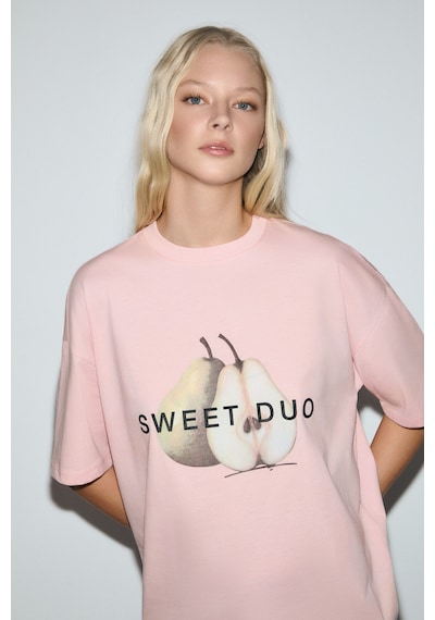 Grımelange Asterıve Kadın Organik Pamuklu Baskılı Bisiklet Yaka Oversıze Somon T-shirt Somon