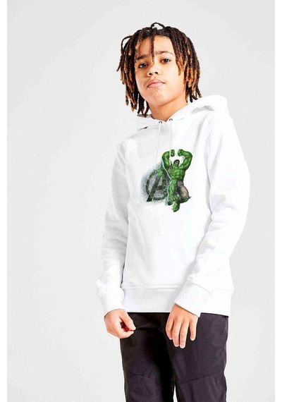 Tshirthane Hulk A Baskılı Unisex Çocuk Kapüşonlu Beyaz Sweatshirt Beyaz