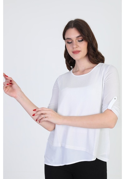 Ella Camelia Kadın Asimetrik Tül Detaylı Bluz 042 Ekru