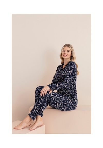Rindahomewear Kadın Fiyonk Desenli Süet Uzun Kol Kadın Düğmeli Pijama Takımı Lacivert1