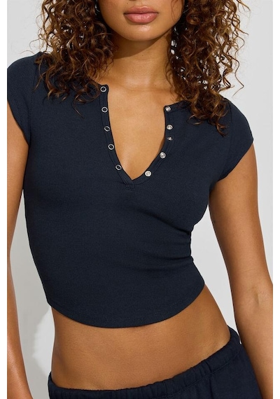 Madmext Lacivert Henley Çıt Kapamalı Kadın Tişört Mg2306 Lacivert