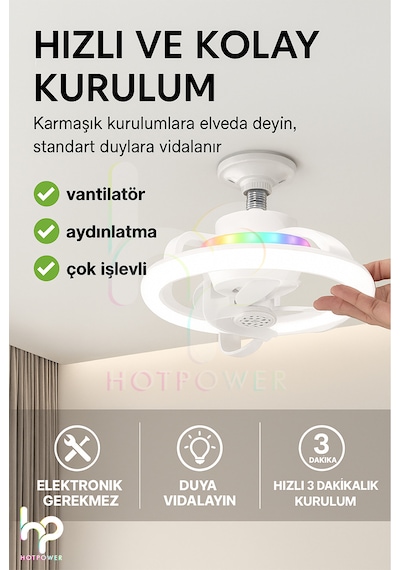 360 Dönebilen E27 Tavan Vantilatörü Ampul Led Işık Uzaktan Kumandalı Rgb Renkli Kısılabilir Vantilatör