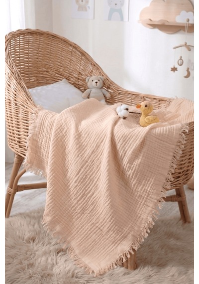 Müslin Püsküllü 4 Katlı Müslin Battaniye 90x120 Cm - Ze4katlı Ekru