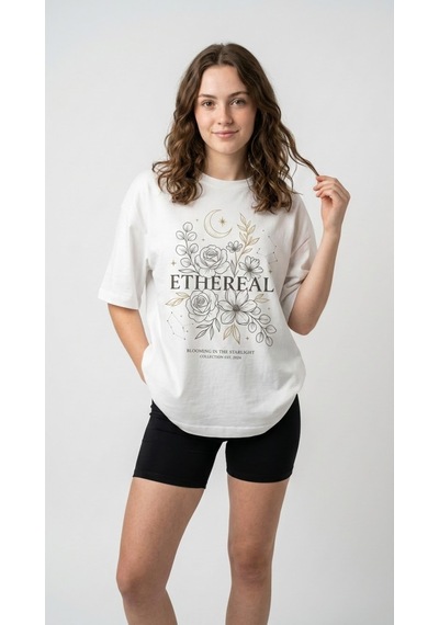 Kadın Oversize Tişört Ethereal Baskılı Beyaz Açık