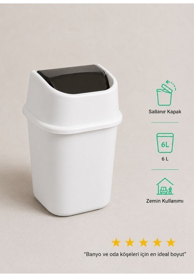 Beyaz Çöp Yut Çöp Kovası 6 L - Sallanır Kapaklı Kompakt Banyo Odası Ve Masa Altı Çöp Kutusu