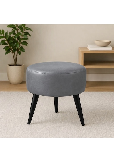 Waterybrook Suni Deri Puf - Ahşap Siyah Ayaklı - Retro Modern Tasarım - Oturma Ve Dekoratif Sehpa Gri