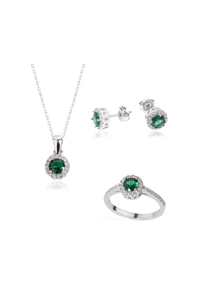 925 Ayar Gümüş Yeşil Tek Taşlı Set