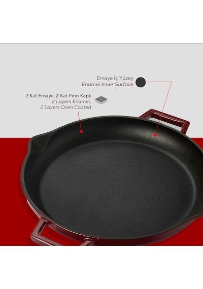 Lava Döküm Yuvarlak Kızartma Tavası Döküm Demir Yekpare Çift Kulplu Çap Ø 30cm.-bordo Bordo