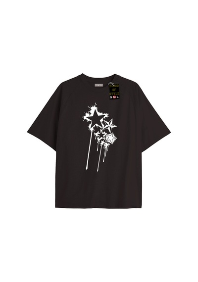 Flood Of Style Siyah Oversize T-shirt Yıldız Özel Tasarım