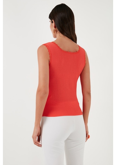 Lela Slim Fit Kalın Askılı Dantelli Kare Yaka Bürümcük Bayan Atlet 5864979 Nar Çiçeği