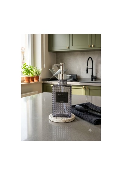 Premium Kare Desenli Silver Pompalı Cam Sıvı Sabunluk 500ml - 23 X 7 X 7 Cm Gri