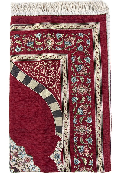 Bordo Çiçek Motifli Mihraplı Astarlı Şönil Seccade 001