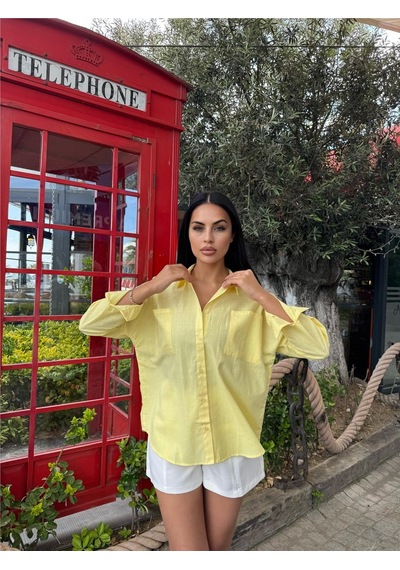 WeShaya Sarı Oversize Cepli Pamuklu Polyester Gömlek Sarı