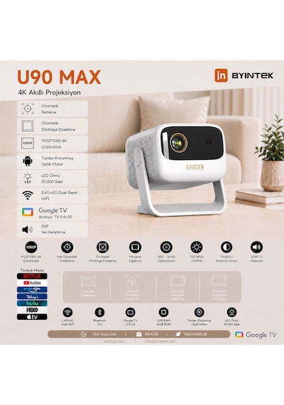 Byintek U90 Max 700 Ansı Bataryalı Taşınabilir Full Hd Projeksiyon Cihazı Android Google Tv Lisanslı Wi-fi