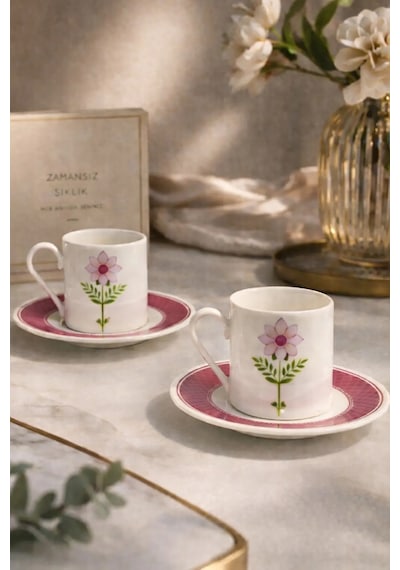 2 Kişilik Porselen Mor Papatya Desenli Kahve Fincan Takımı Seti 90ml Beyaz