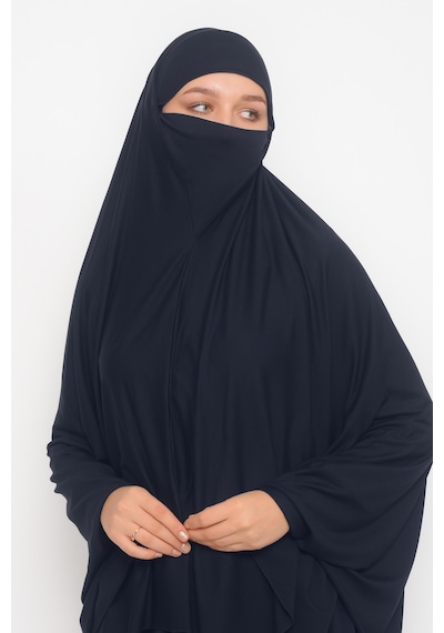 Altobeh Kollu Sufle Çarşaf Üstü Peçeli Pratik Tesettür Hijab - Nikaplı Namaz Örtüsü - Lacivert