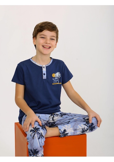 Vitmo Erkek Çocuk Kısa Kollu Düğme Detaylı %100 Pamuklu Pijama Takımı The Palm Lacivert