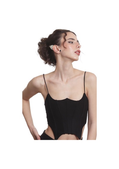 Kadın Gümüş Renk Lak Kaplama Taşlı Yaprak Stilizesi Sağ Kulak Earcuff & Kıkırdak Küpe Çok Renkli