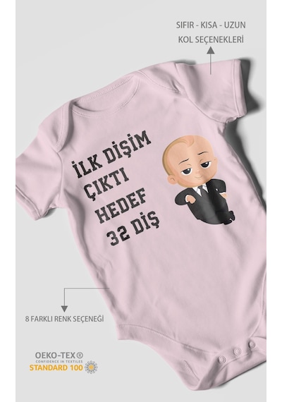 Morivokids İlk Dişim Çıktı Hedef 32 Diş Kısa Kollu Bebek Body Bebe Pembe