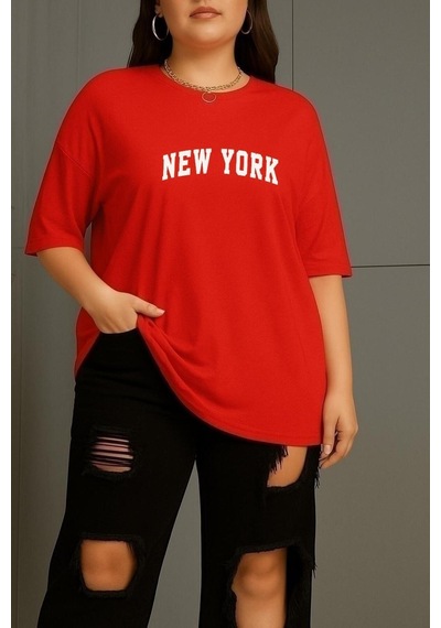 Büyük Beden New York Baskılı Unisex Tişört Kırmızı