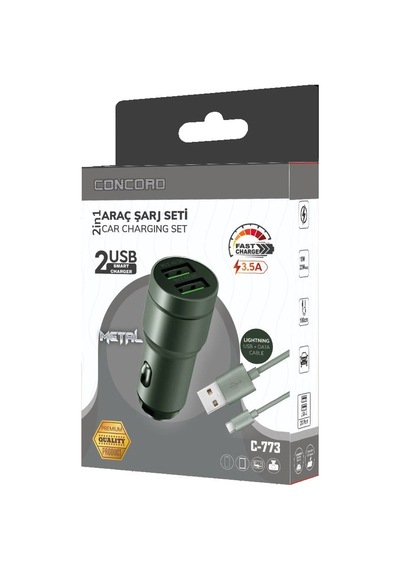 Concord C-773 Lightning Kablo ve Metal Başlık Hızlı Araç Şarj Set