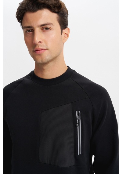 AR-MA Arma Erkek Slim Fit Scuba Interlok Bisiklet Yaka Sweatshirt Ön Sol Fermuarlı Cepli, Sol Kolda Etiketli K30124685402 Siyah