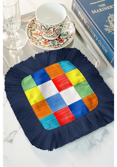 Renkli Patchwork Saçaklı Sunum Servis Altlığı Mendil - Modern Enerjik Lacivert Sunumluk Peçete Gün Batımı Krem