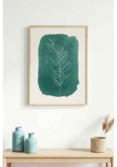 Doğal Ahşap Çerçeveli Minimal Yaprak Desenli Tablo - Canlı Tonlar Huhu1443