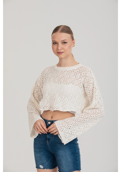 Maximodena Feminen Ajurlu Dokulu Beyaz Crop Bluz Standart Beden - Beyaz