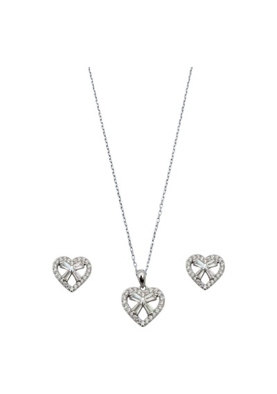 Oya Silver Zirkon Baget Taşlı Kalp Kadın Gümüş Set Takım Oyss042