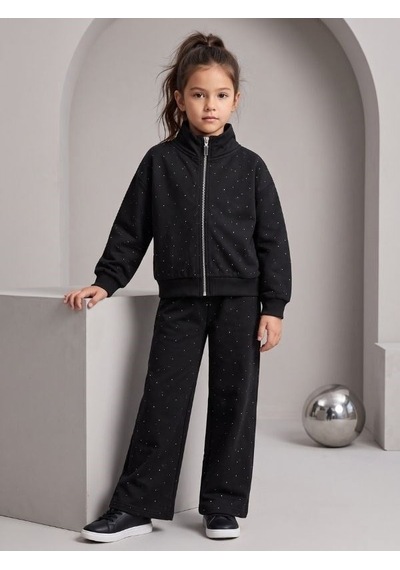 Zekids Kız Çocuk Siyah Taşlı Fermuarlı Geniş Paça Eşofman Takımı-17432
