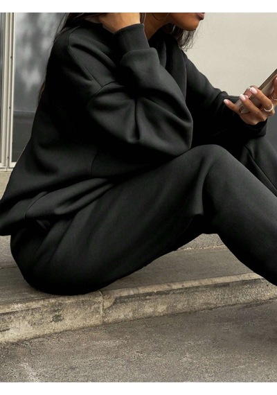Basic Düz Fermuarlı Eşofman Takımı Sweatshirt Jogger - Siyah Oversize Şardonlu Dik Yaka Siyah Basic Düz Fermuarlı Eşofman Takımı Sweatshirt Jogger - Siyah Oversize Şardonlu Dik Yaka Siyah