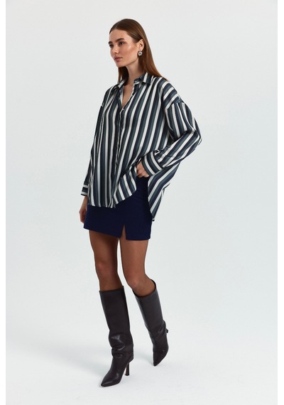 Pera Moda Kadın Salaş Oversize Desenli Saten Gömlek Haki