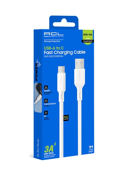 Acl Ack-116 3a Hızlı Şarj Kablosu Usb-a To Type-c 1 Metre Dayanıklı Pvc Malzeme