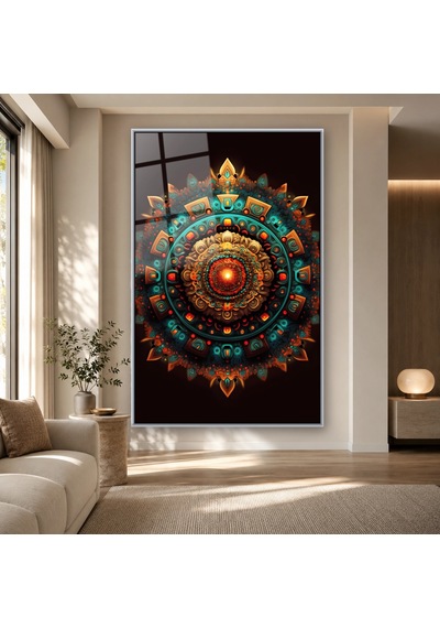 Işıltılı Turkuaz Kabartma Mandala Gümüş Çerçeveli Cam Tablo