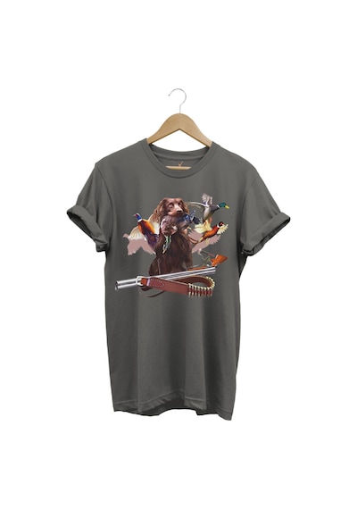 Av Köpeği Avcılık Fişek Ve Çulluk Kuşu Baskılı Vahşi Yaşam Doğa Baskılı Regular Fit Gri T-shirt Antrasit