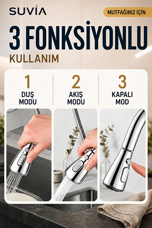 Mutfak Bataryası 3 Fonksiyonlu 360 Döner Uzatmalı Çekilebilir Başlıklı Evye Musluğu Krom