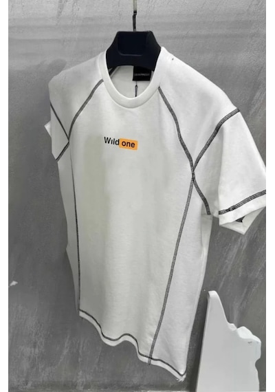 Unisex Dikişli Baskılı Oversize T-shirt - Beyaz Beyaz