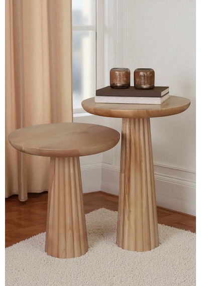 Doğal Ahşap Yan Sehpa Takımı 2 Li Masif Naturel Renk Zigon Sehpa - Wooden Side Table Naturel