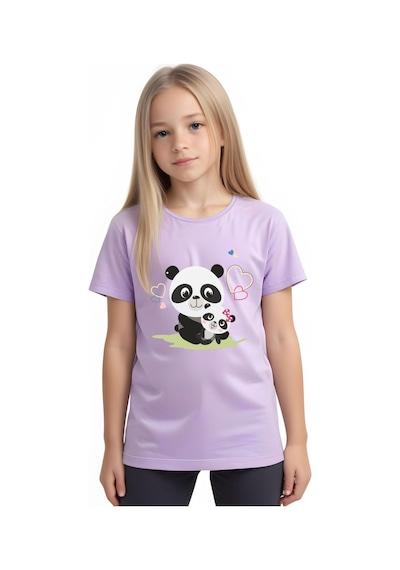 Panios Kids Mother Panda Baskılı Kız Çocuk Kısa Kollu T-shirt Lila