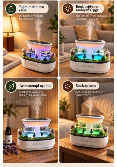 Castu 286 Raindrop Yağmur Damlası Efektli Aroma Difüzör Beyaz Gürültü Sesli Led Işıklı Hava Nemlendi