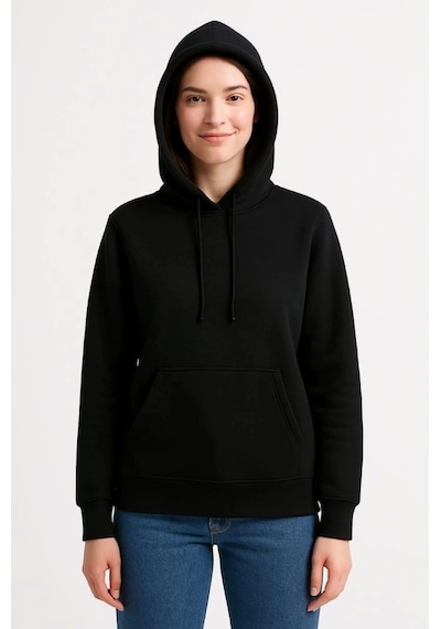 Üç İplik Kapüşonlu Kanguru Çepli Sweatshirt Hoodie - Siyah Siyah