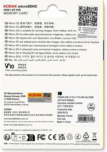 Kodak 32gb Micro Sd Uhs-ı C10 U1 V10 Kart + Adaptör Kırmızı