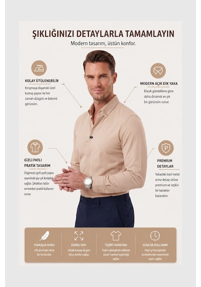 Rizzup Bej Slim Fit Kolay Ütülenebilir Açık Dik Yaka Likralı Erkek Gömlek 2602615