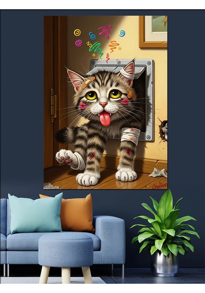 Ahşap Tablo Kapıdan Çıkan Komik Dil Çıkaran Kedi Hayvan Tabloları