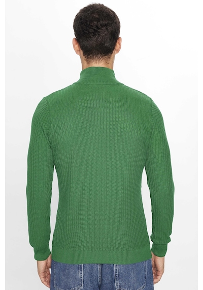 Tudors Erkek Slim Fit Dar Kesim Dik Yaka Fermuarlı Yeşil Kazak-28923 Yeşil
