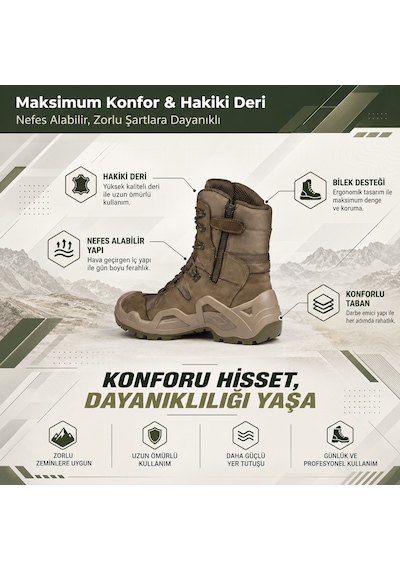 U Force Outdoor Bot Unisex Su Geçirmez Sympatex Kaymaz Dişli Taban Fermuarlı Hakiki Deri Haki