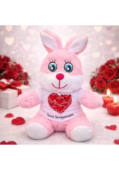 Seni Seviyorum Tişörtlü Pembe Peluş Tavşan