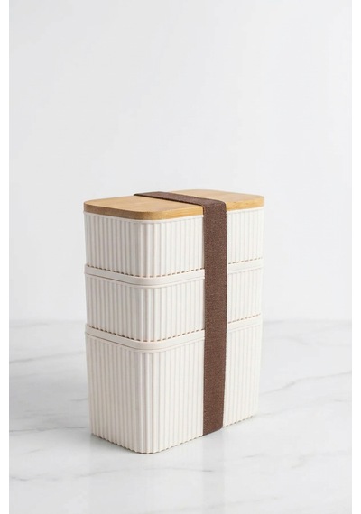 Makri Home 3'lü Bambu Kapaklı Saklama Kabı Seti 1l + 0,5l + 0,5l, Üst Üste Yerleştirilebilir, 21 Cm Yükseklik Krem