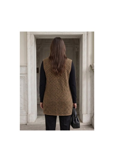 Onno Style Women Desenli Çelik Örgü Klasik Triko Yelek Krem